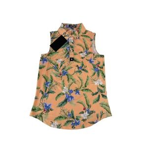 New Bad Birdie Core Golf Polo SL Womens Size L Flora Fiesta All Over Print NWT